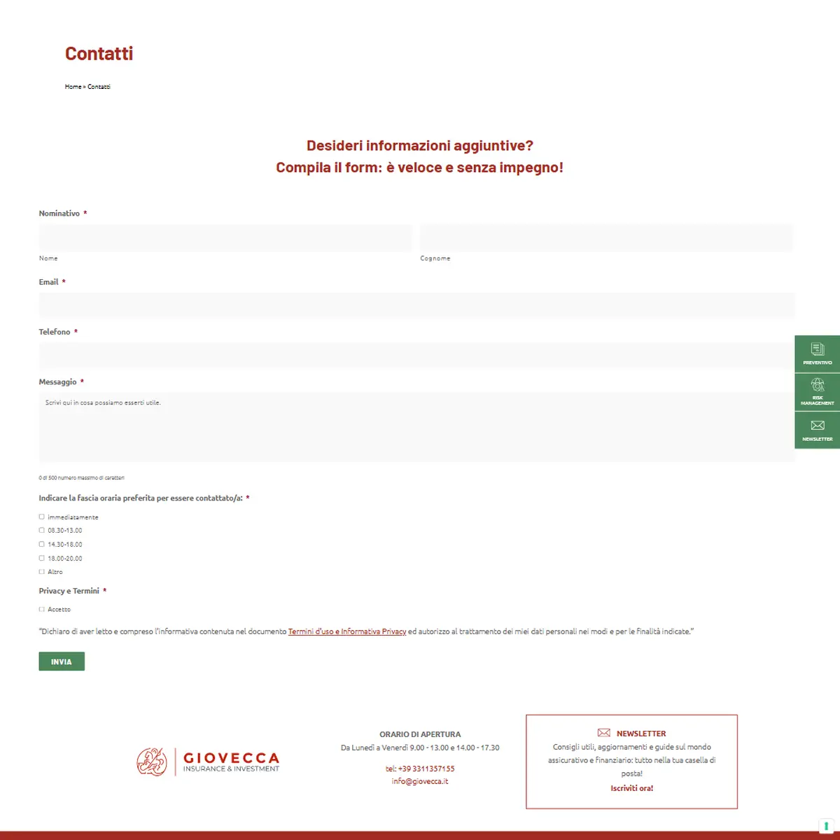 Pagina contatti Giovecca con il modulo per le richieste di informazioni