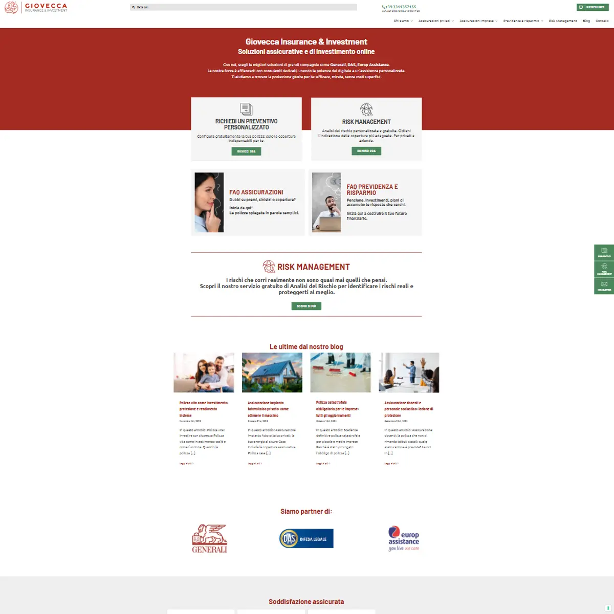 Homepage Giovecca con servizi assicurativi e percorsi di contatto